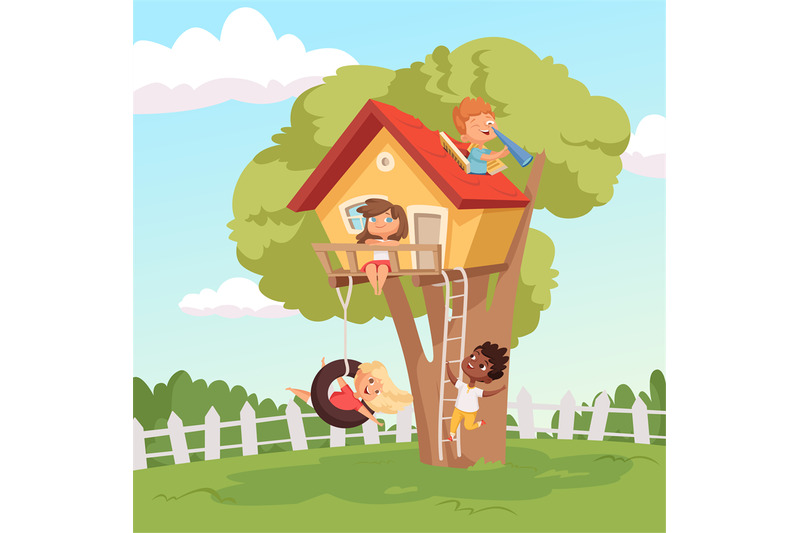 house-on-tree-cute-children-playing-in-garden-nature-climbing-vector