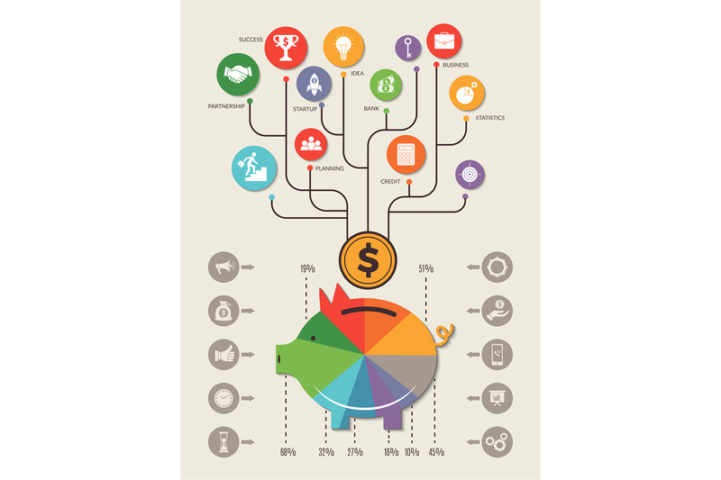 pig-infographic-save-home-money-cash-personal-investment-bank-vector