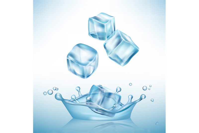 ice-splashes-cube-freeze-water-puddles-and-crystal-clear-ice-cube-vec