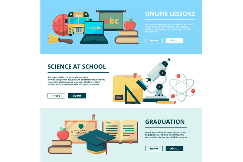 school-flat-banners-education-vector-pictures-learning-school-objects