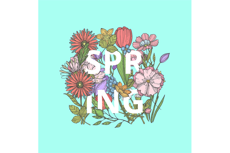 vector-hand-drawn-flowers-concept-with-word-spring-in-bouquet-illustra
