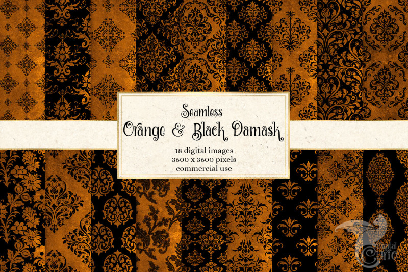 orange-and-black-damask-digital-paper