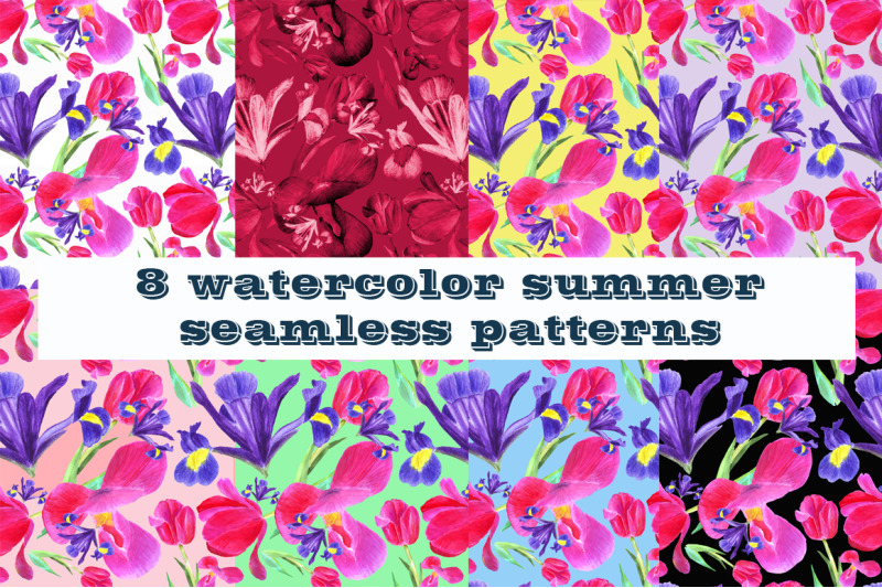 watercolor-summer-flowers-iris-and-tulips-seamles-patterns-set