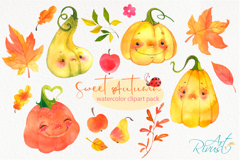 cute-watercolor-pumpkins-clipart-fall-leaves-clip-art-digital-frames