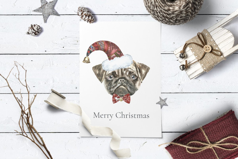 christmas-watercolor-pug-cards-templates