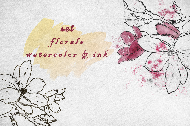 set-watercolor-and-ink-flowers