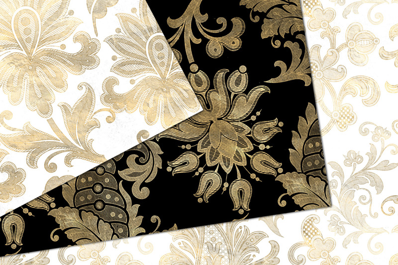 black-white-and-gold-floral-digital-paper