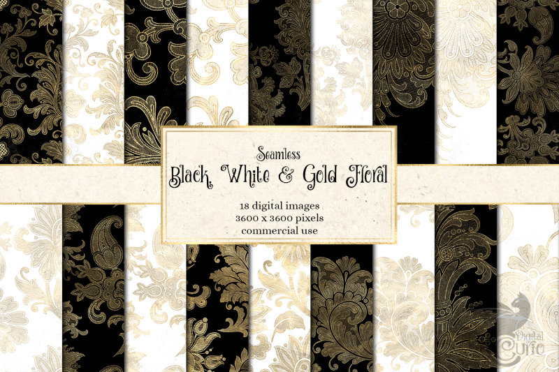 black-white-and-gold-floral-digital-paper