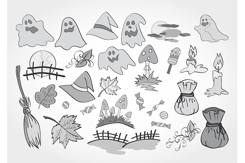 vector-set-of-halloween-clipart-colored-and-monochrome-objects