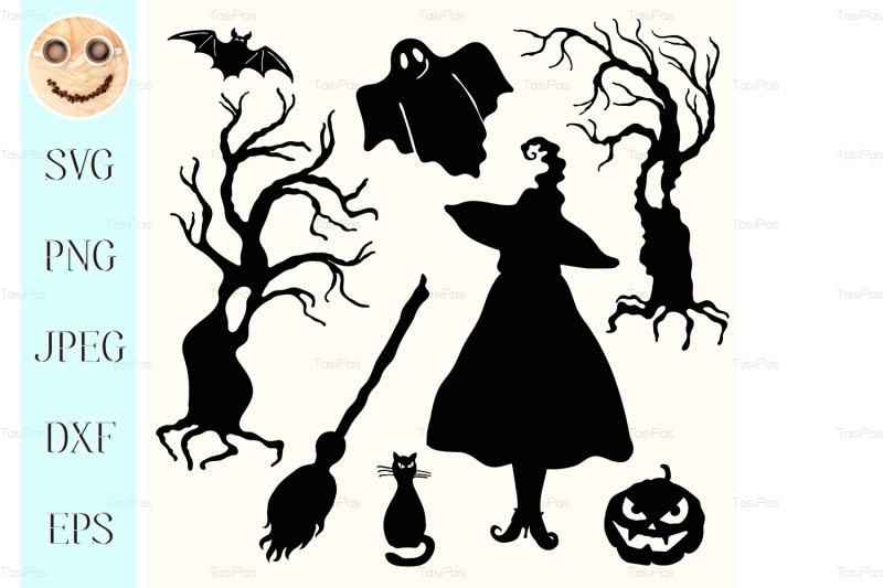 silhouette-witch-pumpkin-lantern-ghost-trees-cat-broom-and-bat