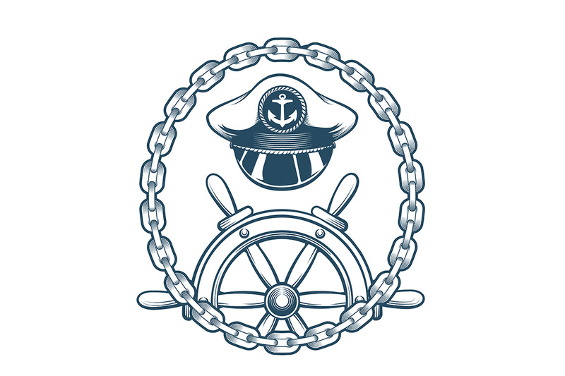 nautical-emblem-with-captain-hat-and-navigation-wheel-vector-illustra