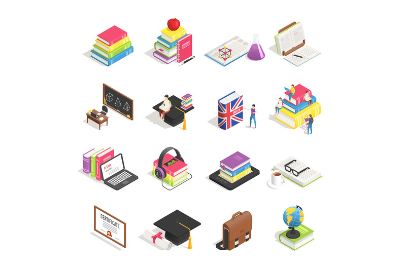 isometric-college-education-icon-school-blackboard-students-briefcas