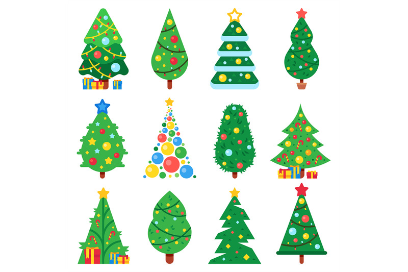 flat-paper-christmas-tree-winter-holidays-trees-decorated-star-xmas