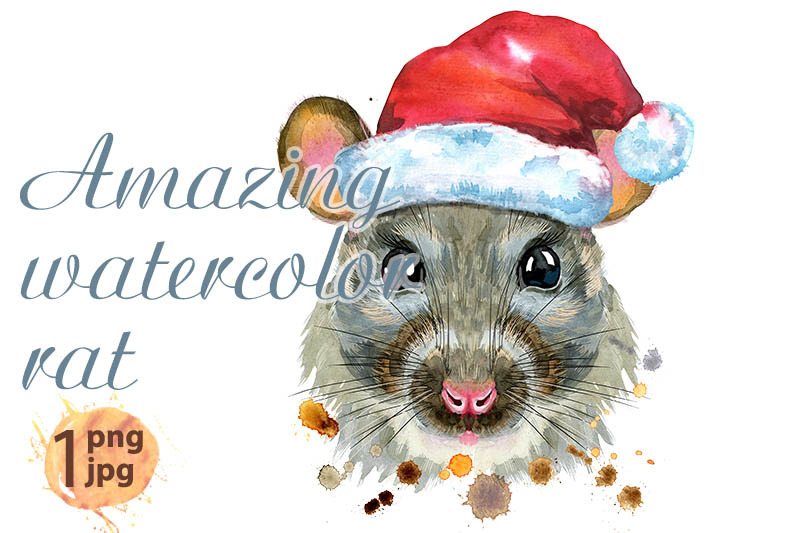 watercolor-portrait-of-rat-in-santa-hat