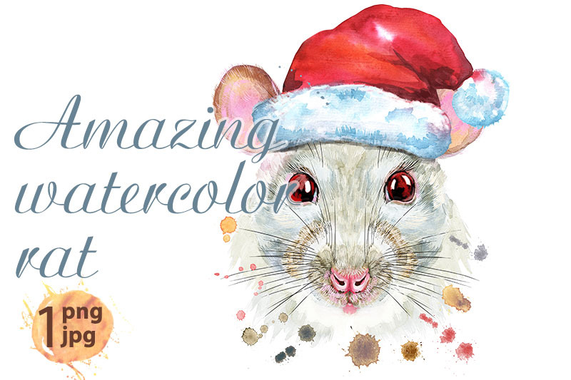 watercolor-portrait-of-white-rat-in-santa-hat-with-splashes