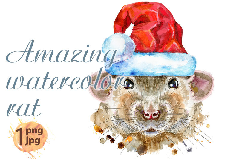 watercolor-portrait-of-white-rat-in-santa-hat-with-splashes