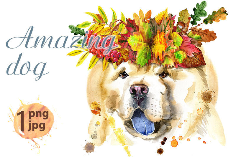 watercolor-portrait-of-chow-chow-dog-with-wreath-of-leaves