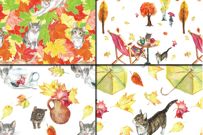 watercolor-autumn-cats-seamless-patterns