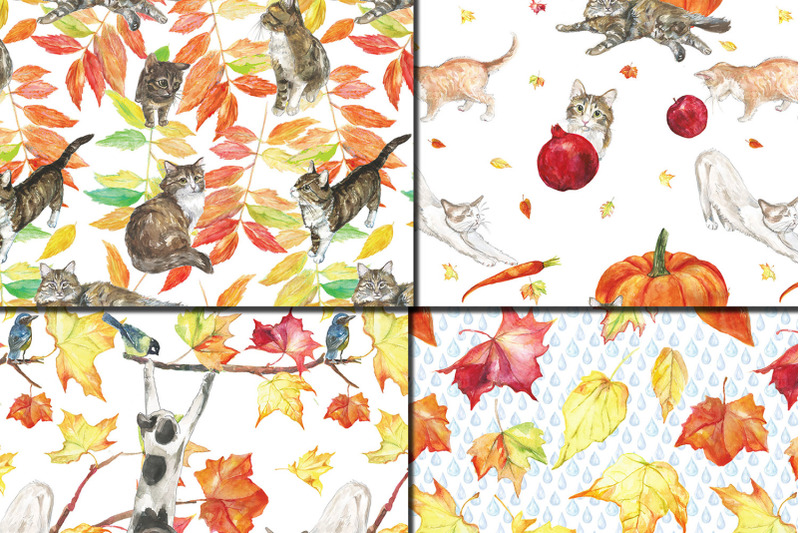 watercolor-autumn-cats-seamless-patterns