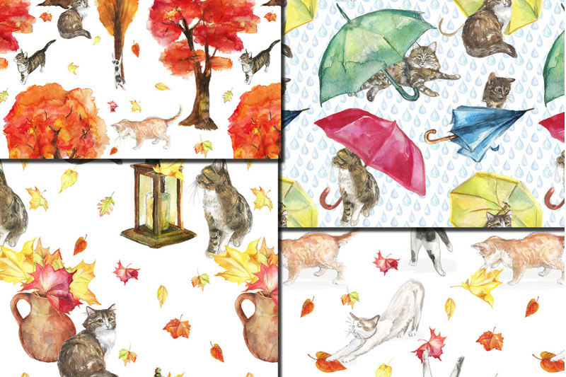 watercolor-autumn-cats-seamless-patterns