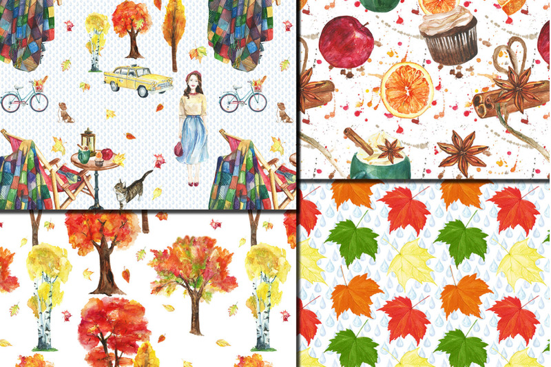 watercolor-city-in-fall-seamless-patterns