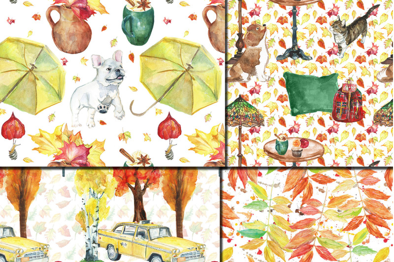 watercolor-city-in-fall-seamless-patterns