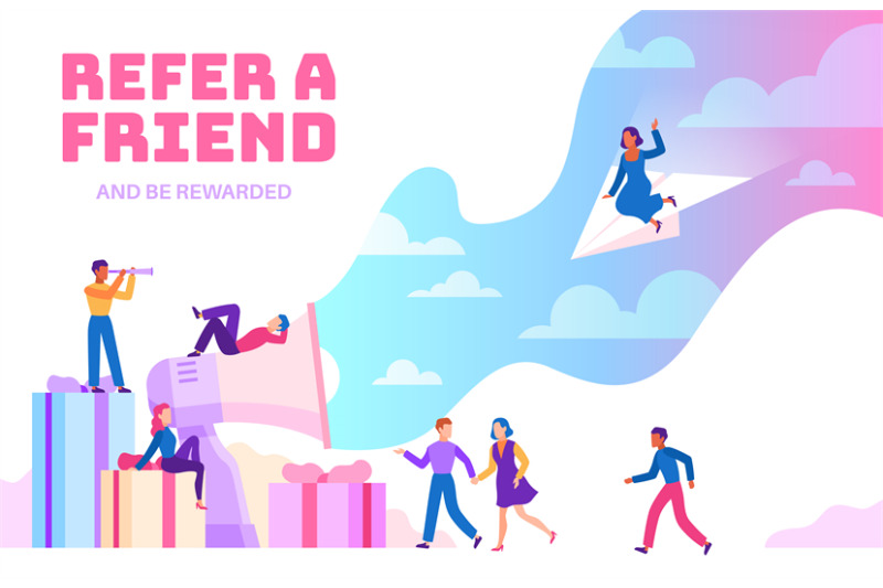 refer-a-friend-friendly-people-with-megaphone-referring-new-users-bu