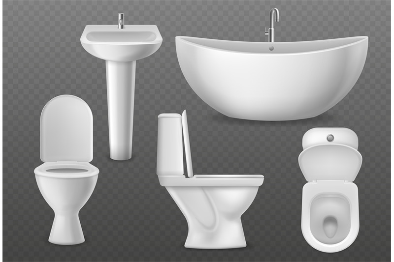 realistic-bathroom-objects-white-collection-bathtub-toilet-seat-and