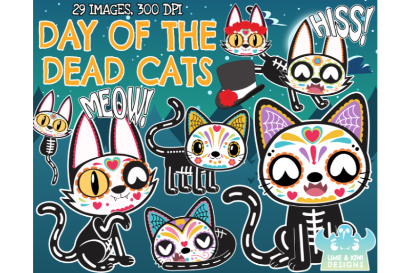 sugar-skulls-day-of-the-dead-cats-clipart-instant-download