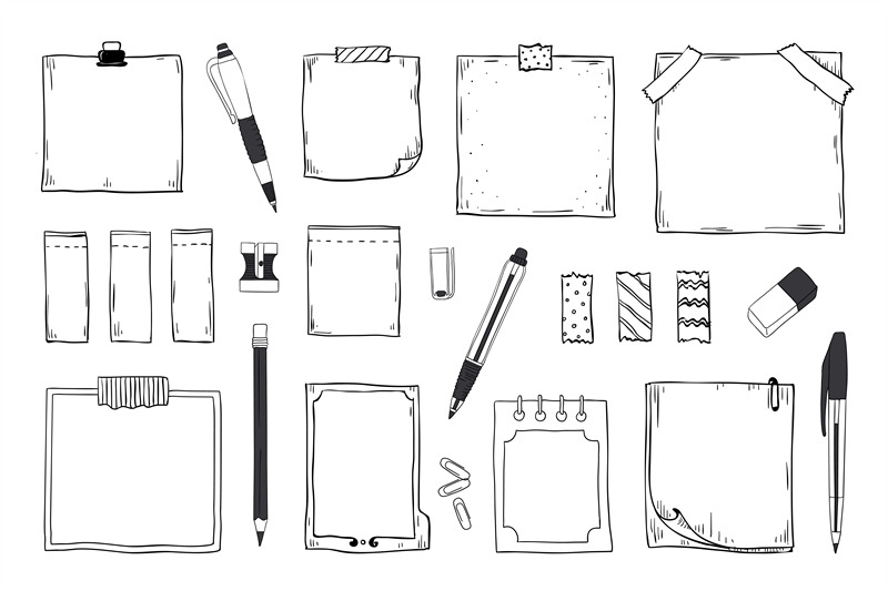doodle-notes-diary-notebook-and-paper-sheets-with-pin-pen-pencil-and