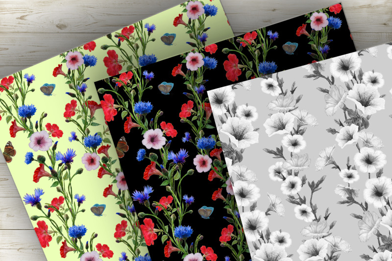 petunia-flowers-cornflowers-digital-paper-seamless-pattern
