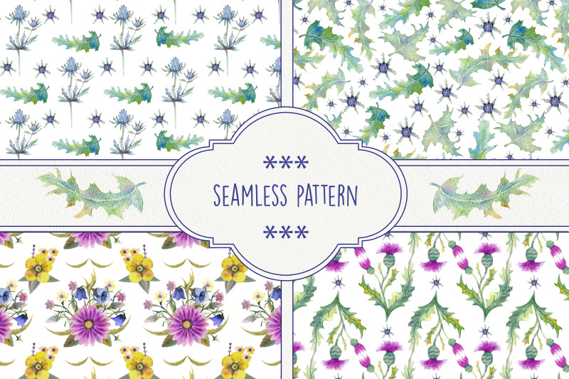 seamless-patterns-with-wildflowers-thistles-prickly-leaves-watercolor