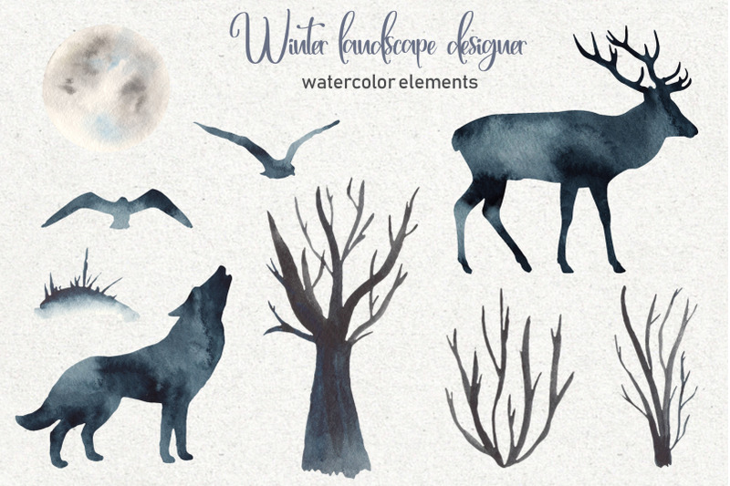 winter-landscape-watercolor-clipart-silhouette-deer-wolf-trees