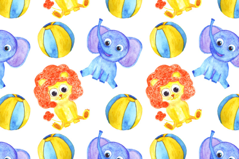 watercolor-cute-elephant-and-lion-seamless-pattern