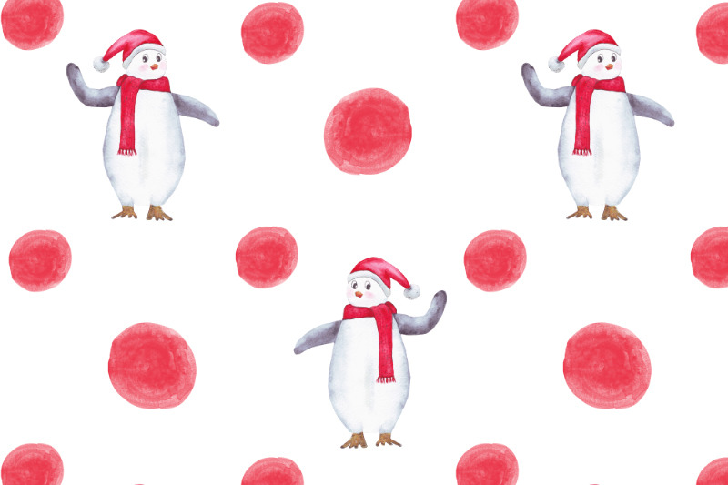 watercolor-cute-penguin-in-santa-hat-seamless-pattern