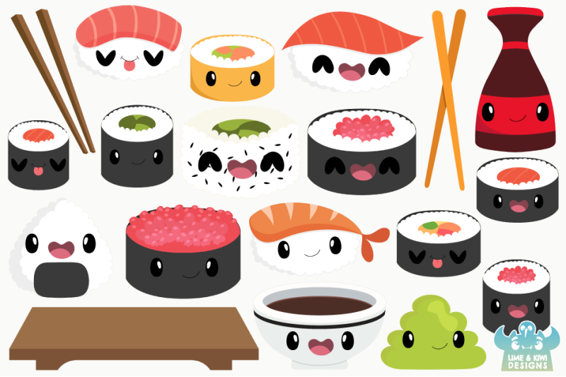 Kawaii Sushi Clipart, Instant Download Vector Art By Lime and Kiwi ...