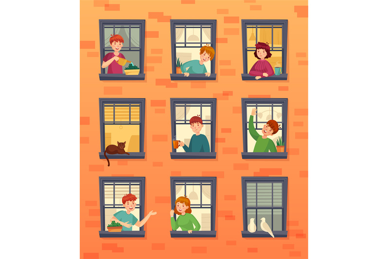 people-in-windows-frames-communicating-neighbors-looking-out-window