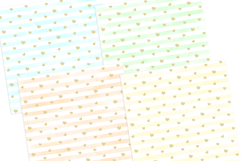 gold-heart-watercolor-stripe-pattern-digital-papersgraphic-illustrati