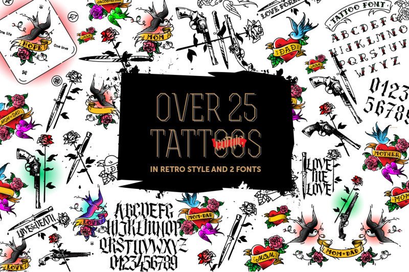 25-tattoos-and-2-fonts-vector