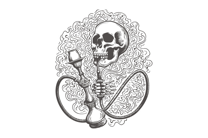 skull-with-hookah-in-a-smoke-clouds-vector-illustration