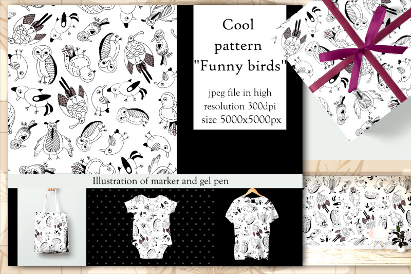 funny-seamless-kids-bird-pattern-black-and-white-graphics