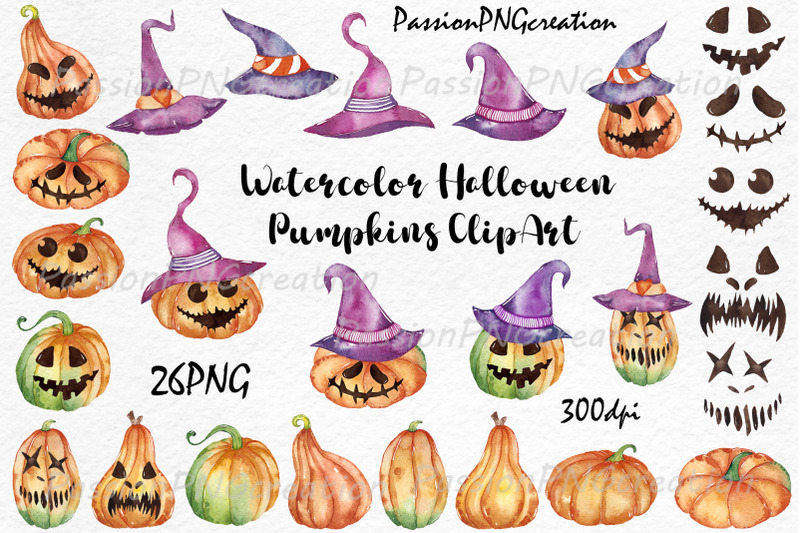 watercolor-halloween-pumpkins-clipart-jack-o-lanterns-spooky-clipart