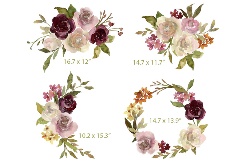 watercolor-pink-amp-burgundy-flowers-bouquets-frames-wreaths