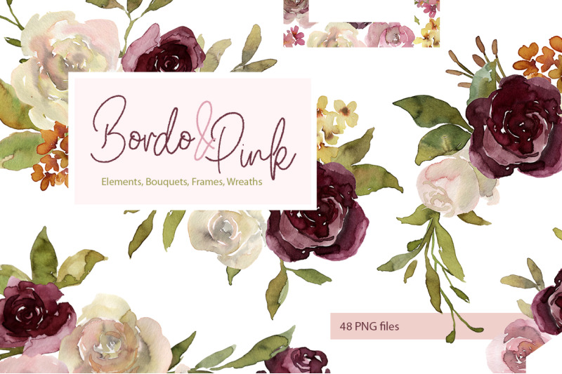 watercolor-pink-amp-burgundy-flowers-bouquets-frames-wreaths