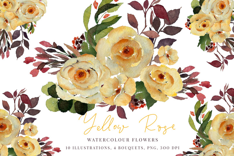 watercolour-yellow-rose-greenery-bouquet-png