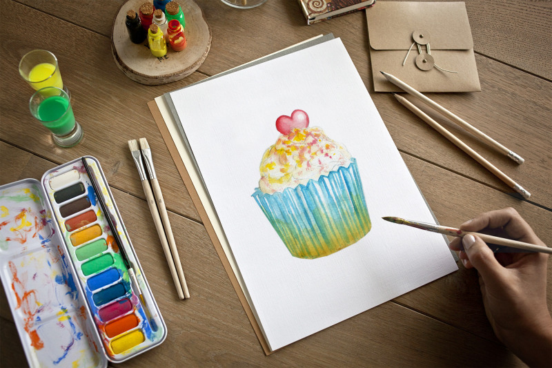 watercolor-set-with-cakes-and-space-elements-magic-dessert-set