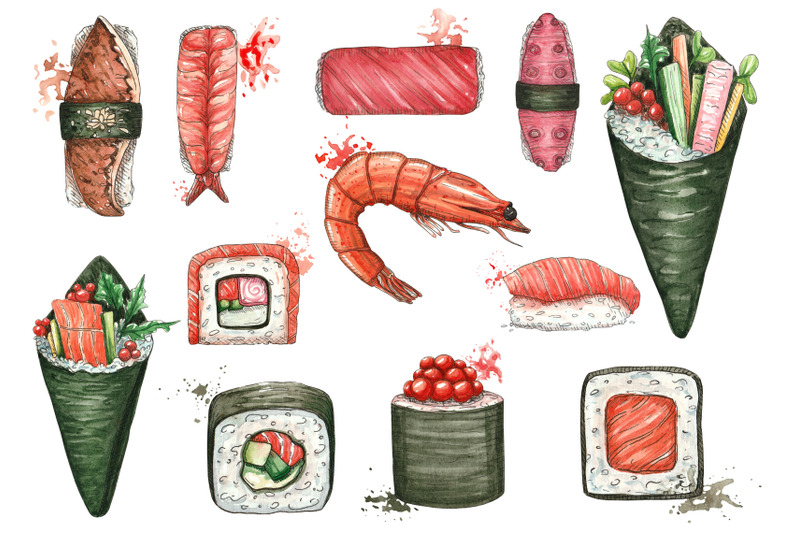 watercolor-set-with-sushi-and-asian-food-seafood-spices-tea-ceremon