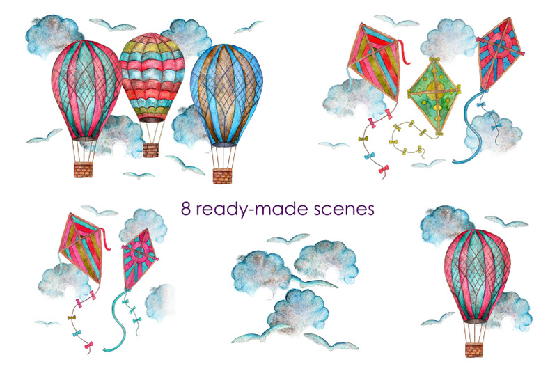 flying-ballons-and-kites-watercolor-set