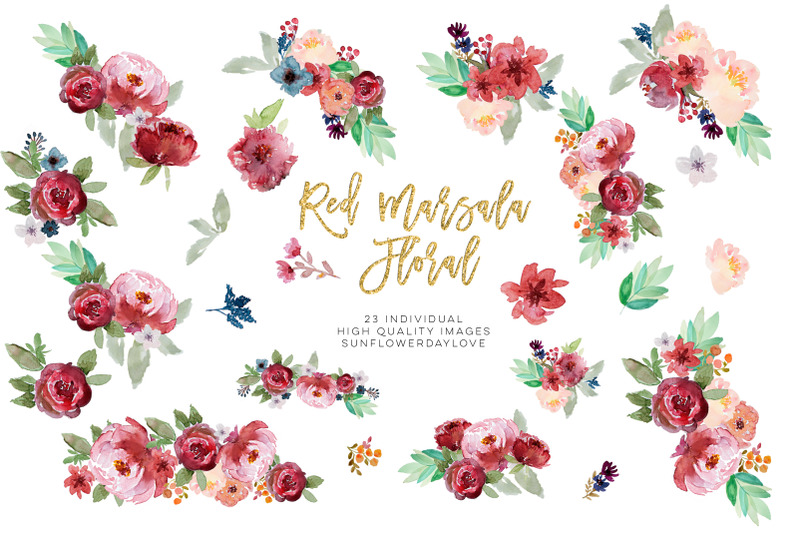 red-marsala-floral-watercolor-clipart-vintage-boho-burgundy