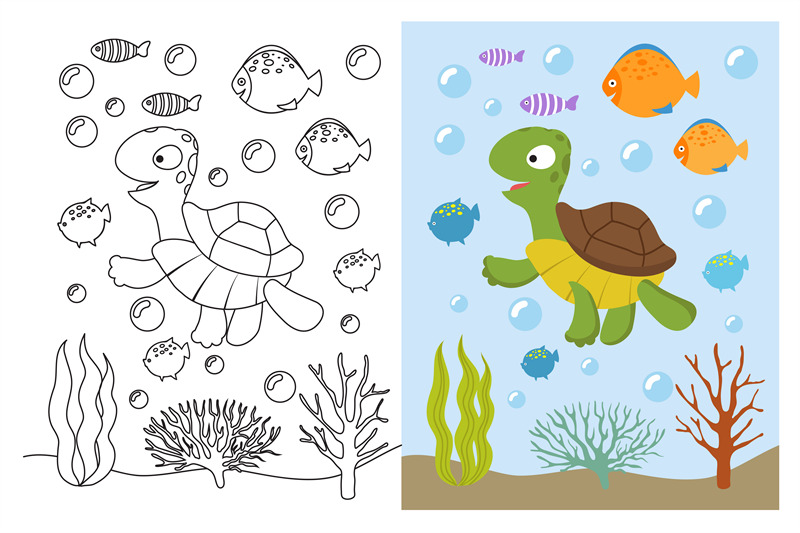 turtle-coloring-pages-cartoon-swimming-sea-animals-underwater-vector